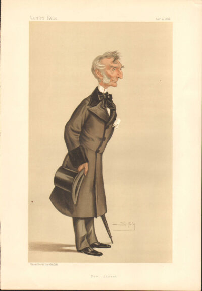 Caricature of a distinguished elderly man in formal attire, holding a top hat.