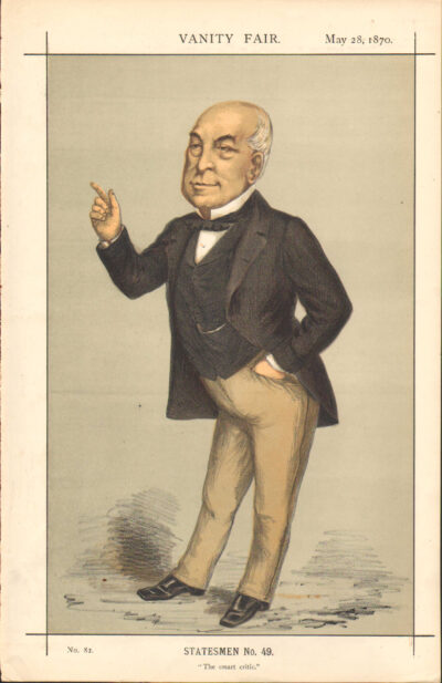 Caricature of a man in formal 19th-century attire with a pointed finger gesture.