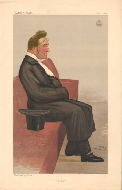 A caricature of a man in a black suit sitting on a red bench with a hat on the floor.