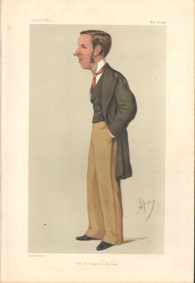 A caricature of a man in vintage attire with hands behind his back.