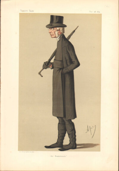 Caricature of a tall man in a long coat and hat holding a cane.