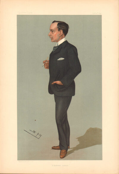 A vintage caricature of a man in a suit holding a drink.
