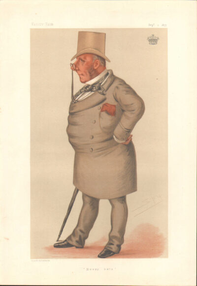 A caricature of a portly man in a suit with a cane.