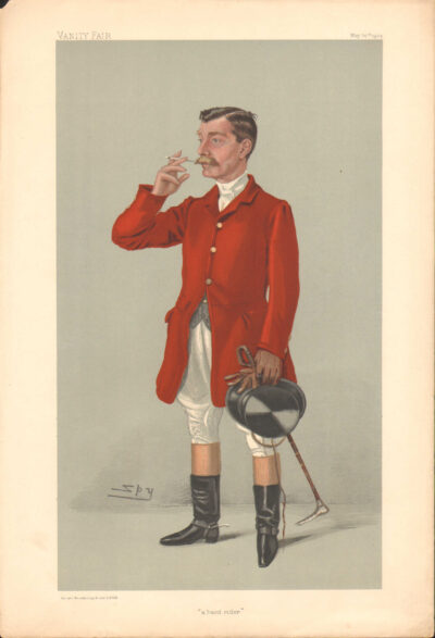 A caricature of a man in a red hunting coat sipping from a glass.