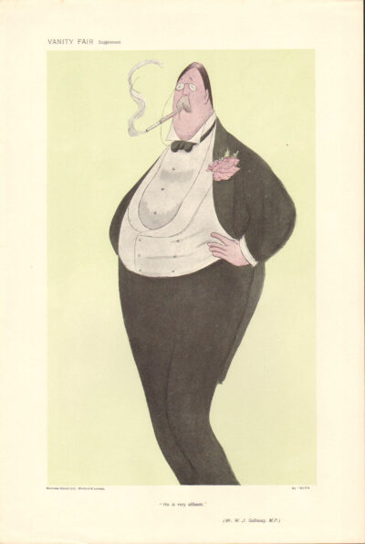 Caricature of a stout man in formal wear, smoking a cigar.
