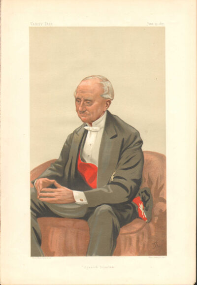 A distinguished elderly man seated, reading a document.