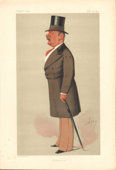 A caricature of a man in formal attire holding a cane.