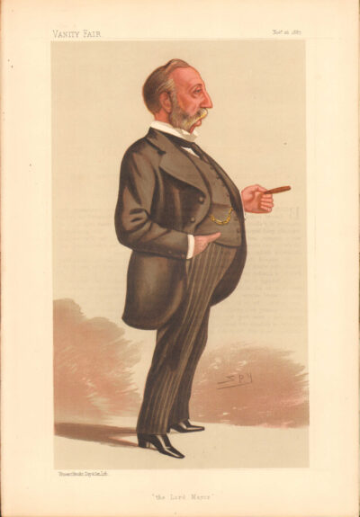 Caricature of a man in a formal suit pointing to the side.