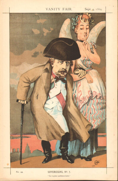Vintage caricature of a dignified man with a cane and tricorn hat.