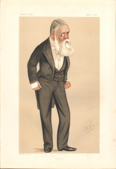 Caricature of an elderly man in formal attire with a long white beard.