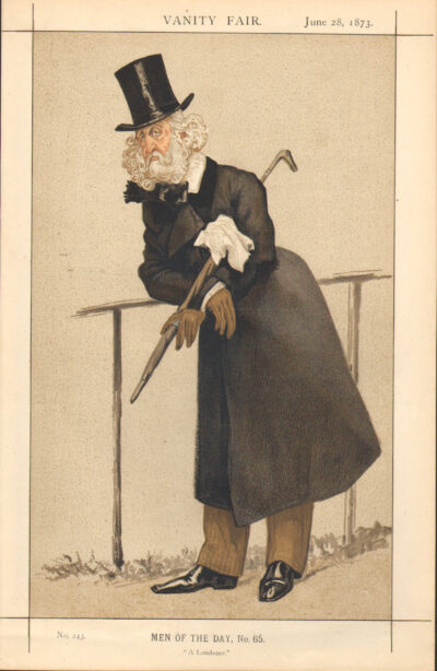 An elderly man in vintage attire leaning on a cane and holding a rifle.