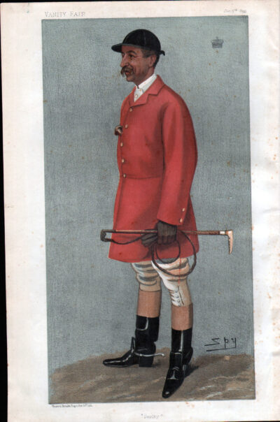 Portrait of a man in vintage equestrian attire with a red jacket and riding crop.