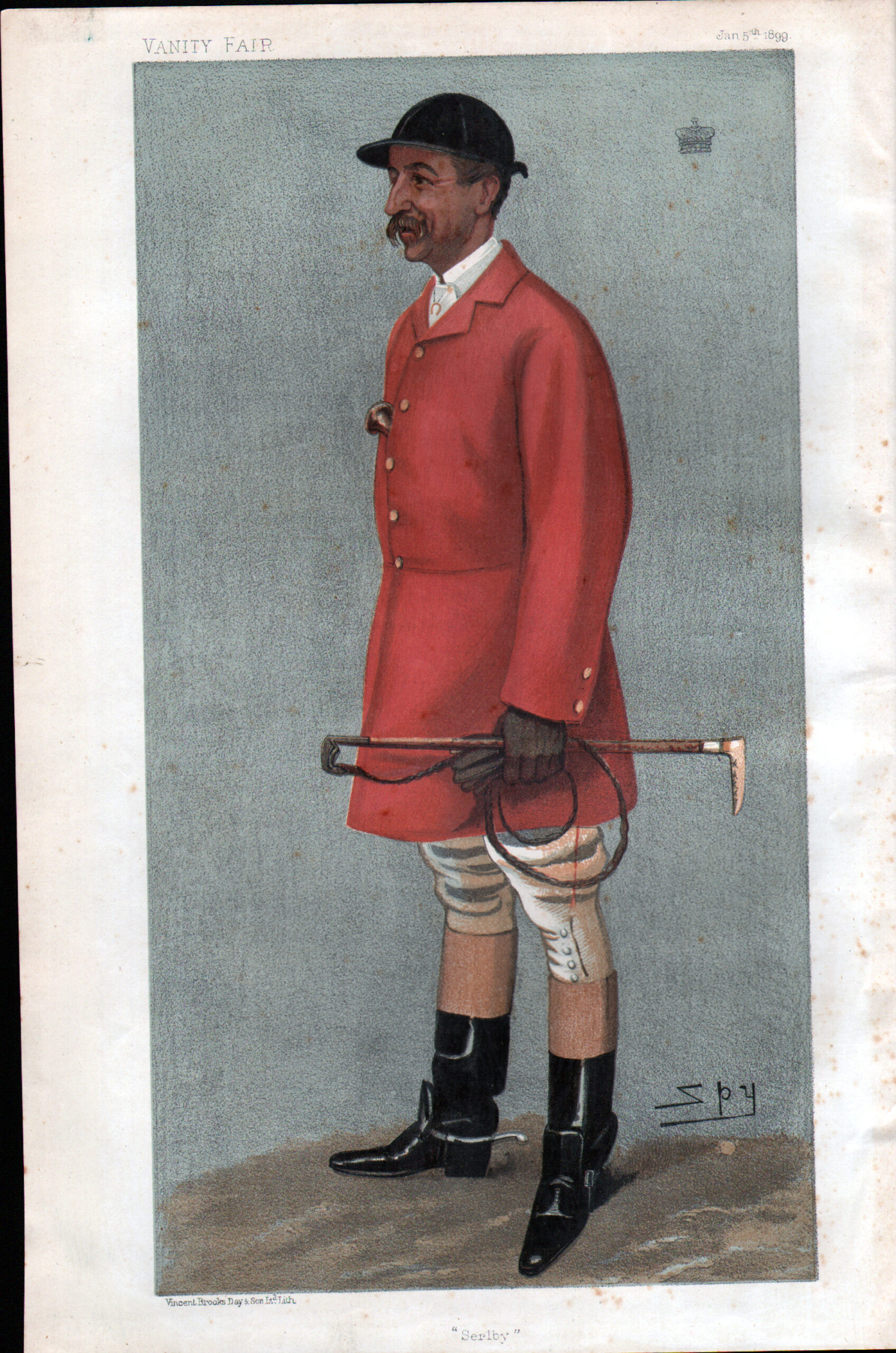 Portrait of a man in vintage equestrian attire with a red jacket and riding crop.