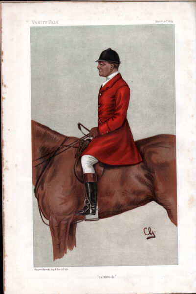 Man in red hunting attire on horseback.