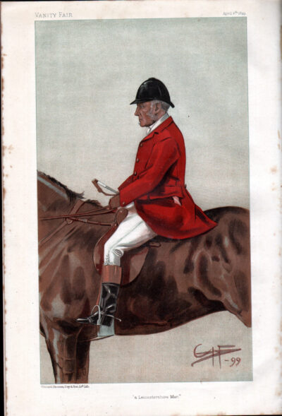 A man in traditional red hunting attire rides a brown horse.