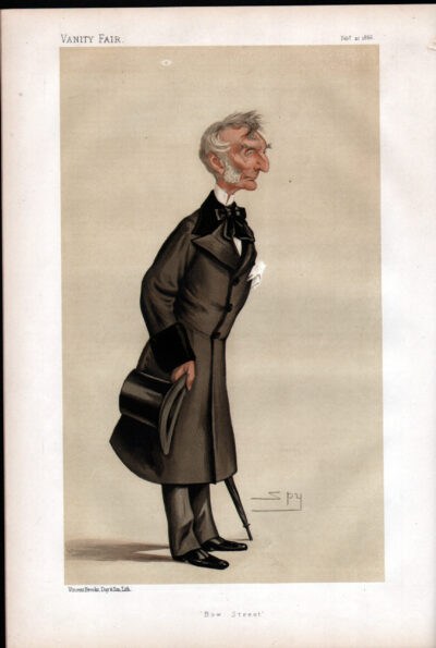 Caricature of an elderly man in formal attire holding a top hat.